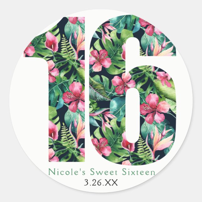 Sticker Rond Tropical Floral Sweet 16 Hawaiian 16e anniversaire (Devant)