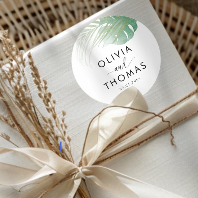 Sticker Rond Tropical Green Palm Leaf Wedding Favor  (Créateur téléchargé)