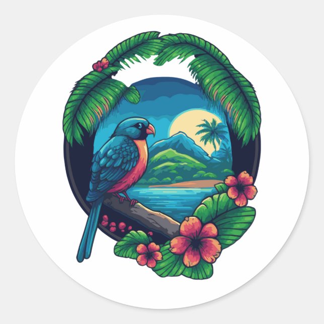 Sticker Rond Tropical Island Palms Logo Beach Travel Retro (Devant)