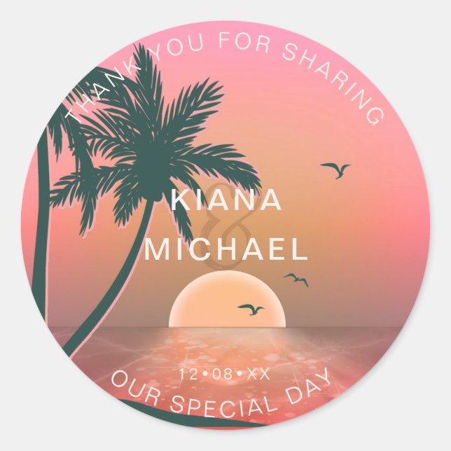 Sticker Rond Tropical Isle Sunrise Mariage Merci Pink ID581 (Devant)