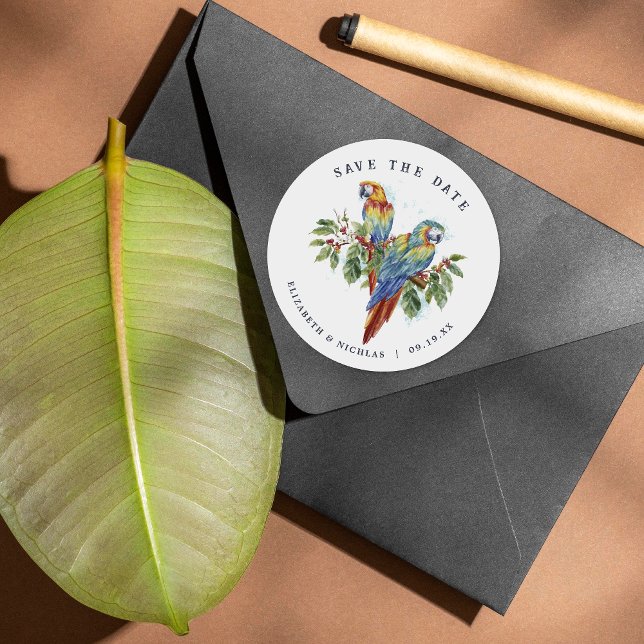 Sticker Rond Tropical Macaw Enregistrer le Mariage de date (Créateur téléchargé)
