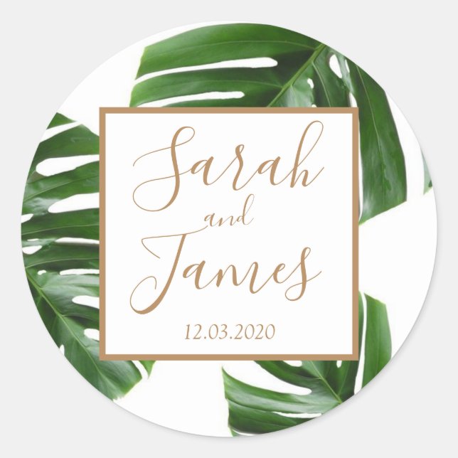 Sticker Rond Tropical Palm Leaf vert rose or mariage autocollan (Devant)
