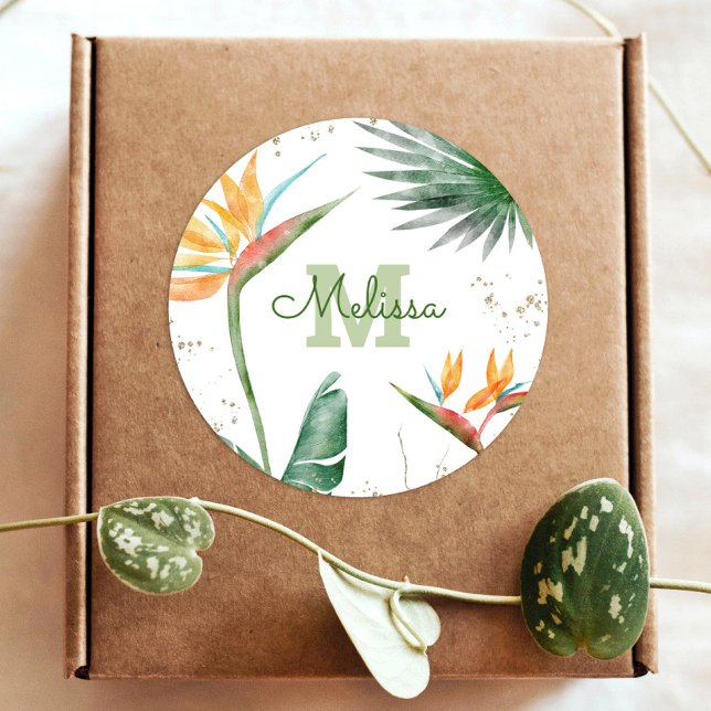 Sticker Rond Tropical Palm Moderne Monogramme Script Parties sc (Créateur téléchargé)