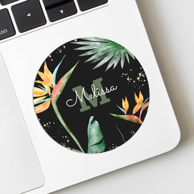 Sticker Rond Tropical Palm Monogramme Écriture Paillettes Dorée (Créateur téléchargé)