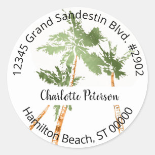 Sticker Rond Tropical Palm Trees Hand Lettré Adresse de retour 