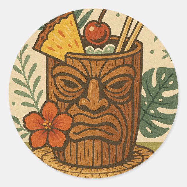 Sticker Rond Tropical Retro Tiki Drink Hawaiian Luau Anniversai (Devant)