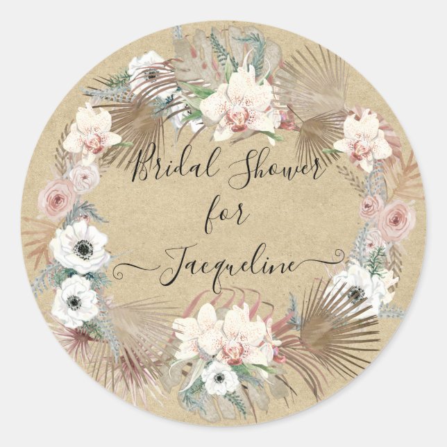 Sticker Rond Tropical Rustique Blanc Floral Palm Verdure Foliag (Devant)