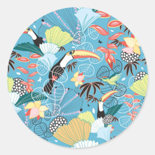 Sticker Rond Tropical Texture With Toucans and Hummingbirds