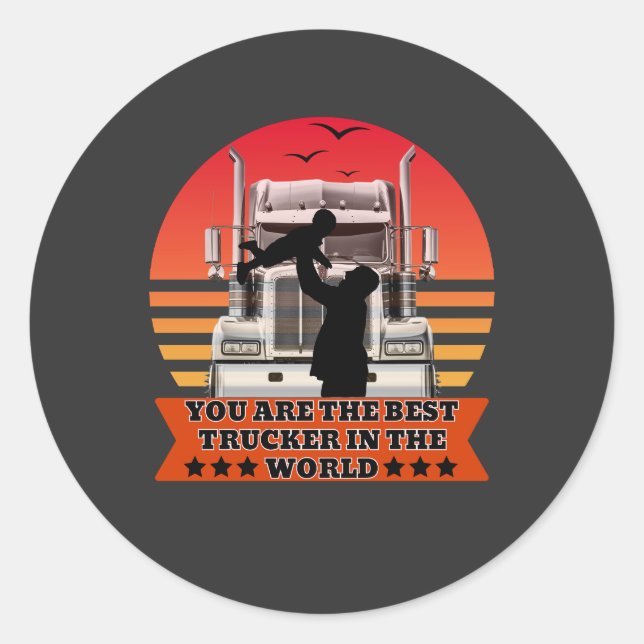 Sticker Rond Trucker Père Bébé Amour Route Famille Fierté Conce (Devant)