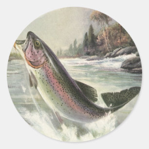 Sticker Rond Truite arc-en-ciel, pêcheur de poissons vintage pê
