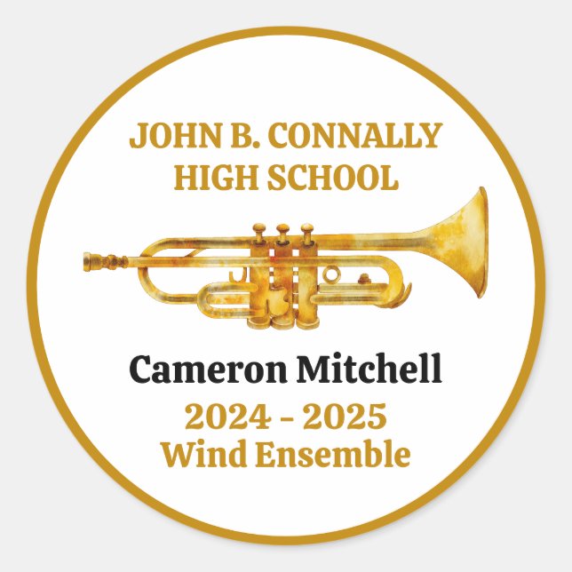 Sticker Rond Trumpet Player High School Band Gold Personalized (Devant)