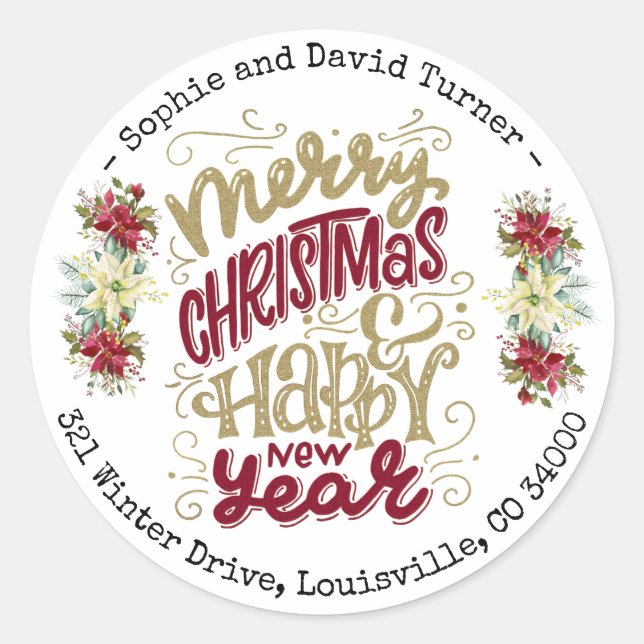 Sticker Rond Ttypographie Joyeux Noël Bonne Année Charm (Devant)