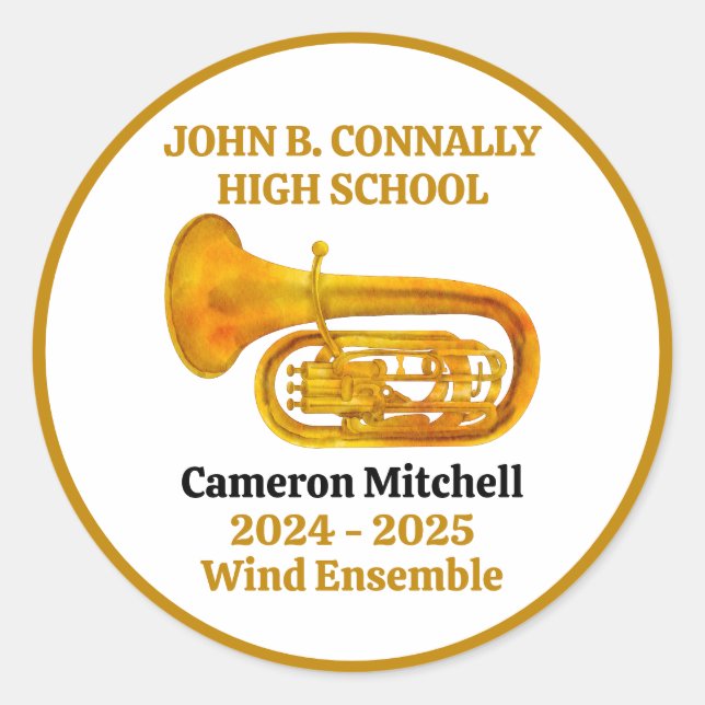 Sticker Rond Tuba High School Band Gold Personalized (Devant)