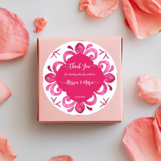 Sticker Rond Tuiles magenta Fuchsia Majolica personnalisées  (Créateur téléchargé)