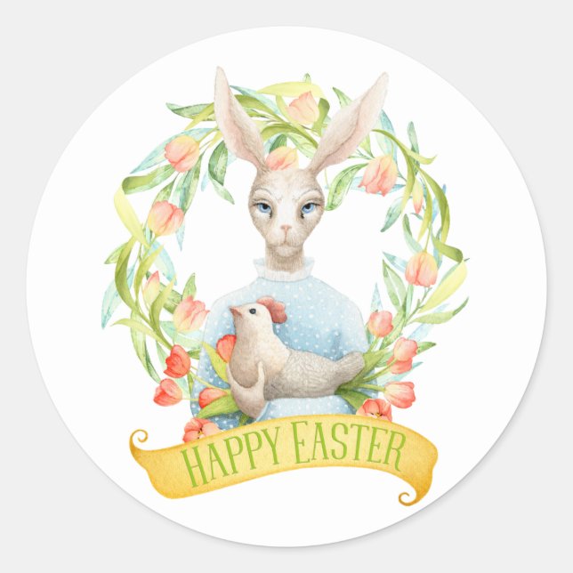 Sticker Rond Tulip Wreath et Rabbit Joyeux Pâques (Devant)