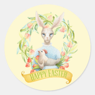 Sticker Rond Tulip Wreath et Rabbit Joyeux Pâques