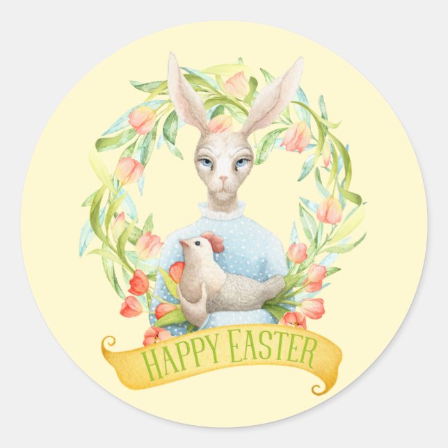 Sticker Rond Tulip Wreath et Rabbit Joyeux Pâques (Devant)