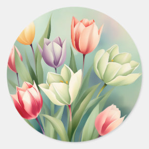 Sticker Rond Tulipes colorées Aquarelle Romantique