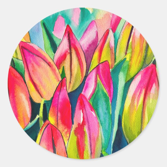 Sticker Rond Tulipes d'art à l'aquarelle rose (Devant)