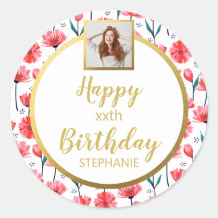 Sticker Rond Tulipes Florales Roses, Ajouter Photo, Joyeux Anni
