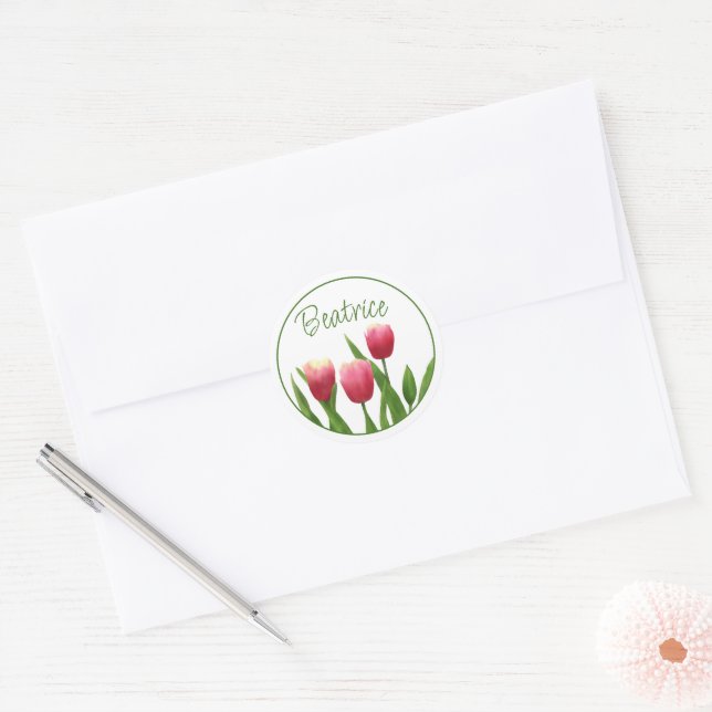 Sticker Rond Tulipes rouges avec verdure (Enveloppe)
