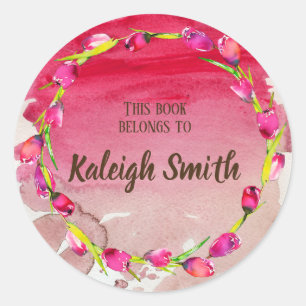 Sticker Rond Tulipes violettes roses sur Aquarelle rouge Nom du