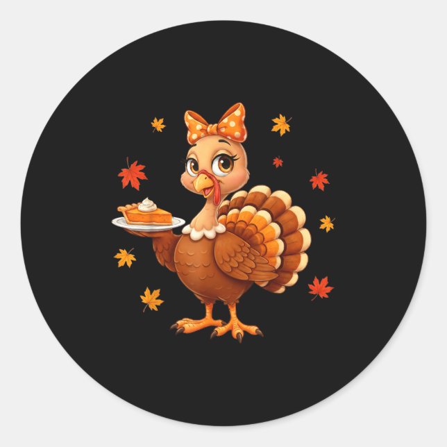 Sticker Rond Turkey Coquette Bow E Turkey Day Girls Fall Thanks (Devant)