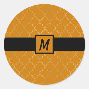 Sticker Rond Turmeric Jaune Or Quatrefoil Monogrammé Fête