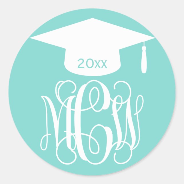 Sticker Rond Turq Aqua Vine Script Monogramme Graduation do-it- (Devant)