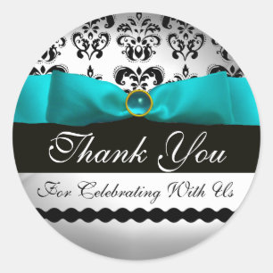 Sticker Rond TURQUASE BLEUE ET DAMASK BLANC RIBBON Aquamarine