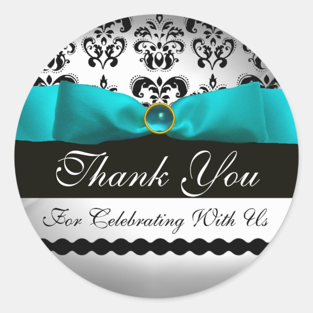 Sticker Rond TURQUASE BLEUE ET DAMASK BLANC RIBBON Aquamarine (Devant)