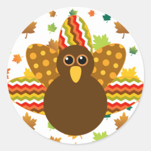 Sticker Rond 🦃 Turquie avec des plumes colorées, avec des feui