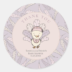 Sticker Rond Turquie & Plumes Chute Fille Baby shower Merci