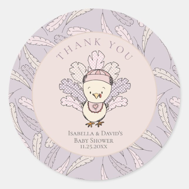 Sticker Rond Turquie & Plumes Chute Fille Baby shower Merci (Devant)