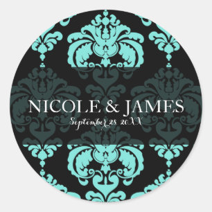 Sticker Rond Turquoise Aqua Black Damask Vintage Wedding Event 