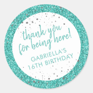 Sticker Rond Turquoise Aqua Blue Parties scintillant Merci Anni