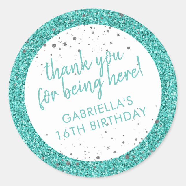 Sticker Rond Turquoise Aqua Blue Parties scintillant Merci Anni (Devant)