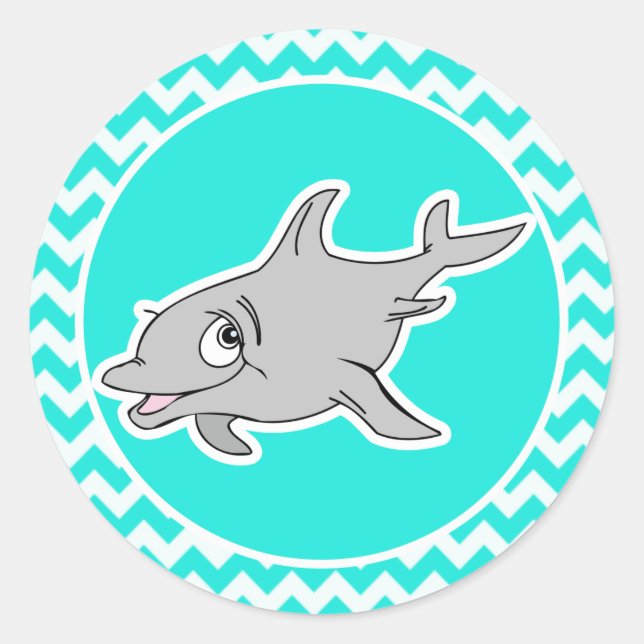 Sticker Rond Turquoise, Aqua Color Chevron; Dauphin (Devant)