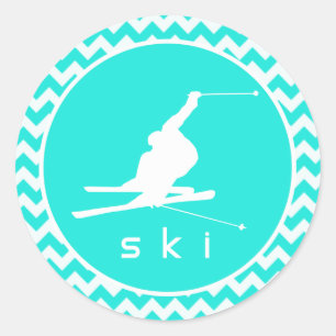 Sticker Rond Turquoise, Aqua Color Chevron; Ski De Neige