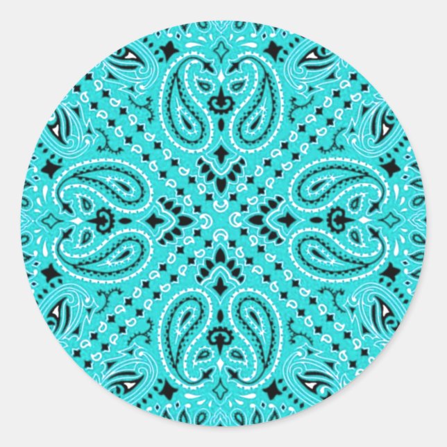 Sticker Rond Turquoise Aqua Paisley Western Bandana Scarf Print (Devant)