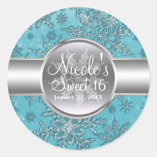 Sticker Rond Turquoise Aqua Snowflakes Winter Wonderland Party