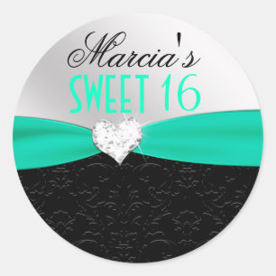 Sticker Rond Turquoise Black Floral Damask Diamond Heart Seal