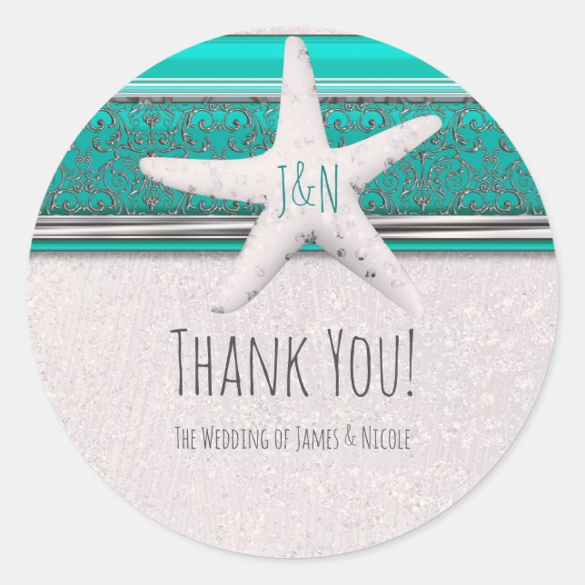 Sticker Rond Turquoise & Blanc Étincelle Starfish Plage Mariage (Devant)
