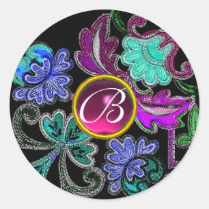 Sticker Rond TURQUOISE BLEU PURPLE LACE FLEURS GEMSTONES Noir