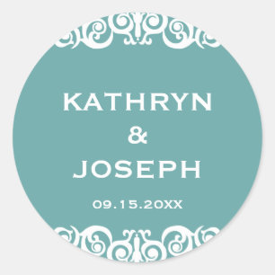 Sticker Rond Turquoise bleu victorien scroll mariage faveur éti