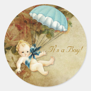 Sticker Rond Turquoise Blue and Gold Boys Baby shower Vintage