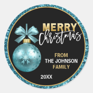 Sticker Rond Turquoise Blue Gold Parties scintillant Joyeux Noë