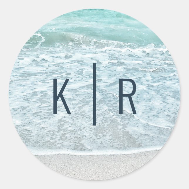 Sticker Rond Turquoise Blue Ocean Sandy Beach Monogram Mariage (Devant)