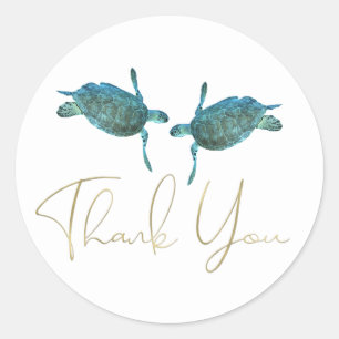 Sticker Rond Turquoise Blue Sea Turtles Elégant Gold Beach Mari
