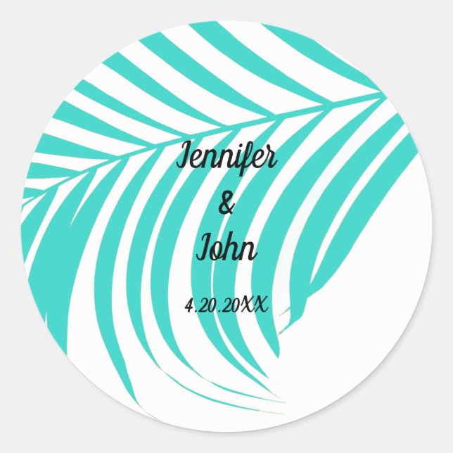Sticker Rond Turquoise Blue Tropical Palm Tree Leaf Mariage nau (Devant)